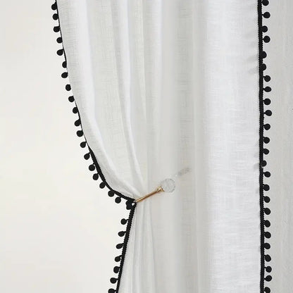 1 Panel Window Sheer Curtain Cute Ball Pompom Decor