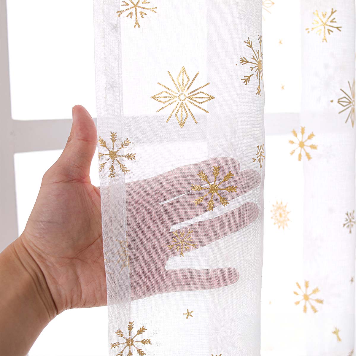Rideau de Noël Flocons de neige Feuille d'or Lot de 2 rideaux transparents
