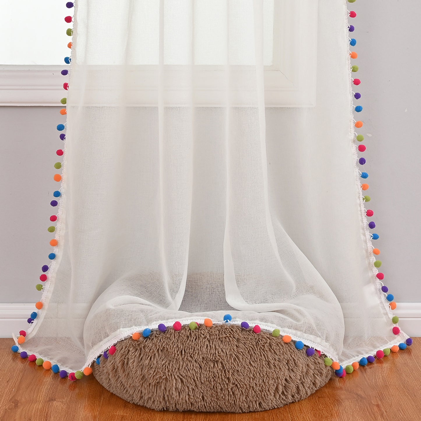 Rideaux transparents à pompons multicolores, 1 panneau, blanc, 132 x 164 cm/132 x 183 cm/132 x 214 cm/132 x 241 cm