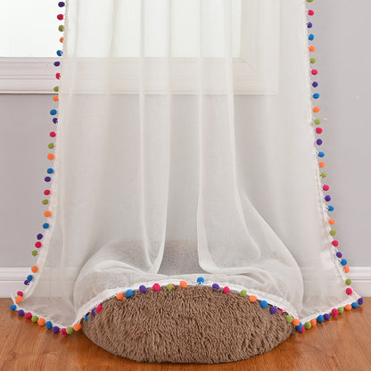 Rideaux transparents à pompons multicolores, 1 panneau, blanc, 132 x 164 cm/132 x 183 cm/132 x 214 cm/132 x 241 cm