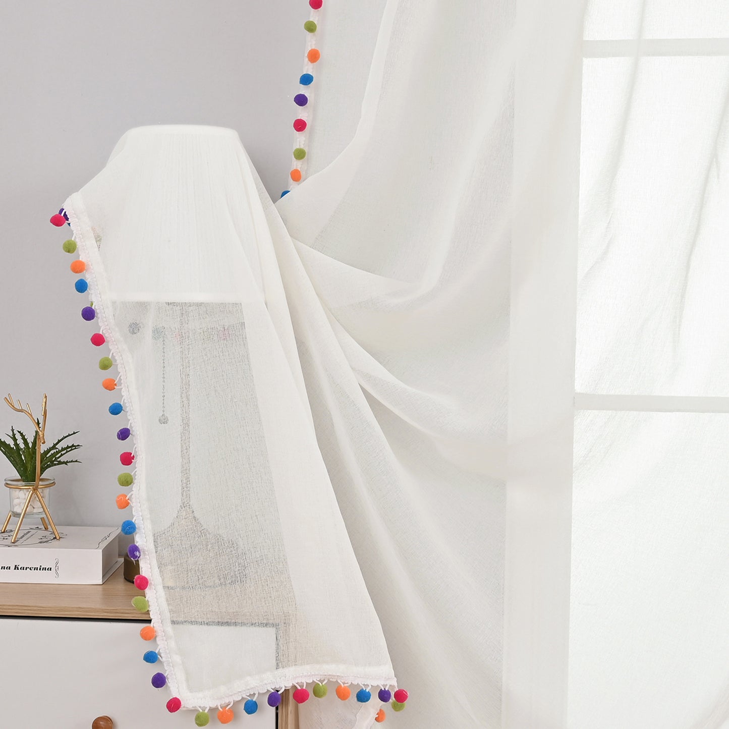 Rideaux transparents à pompons multicolores, 1 panneau, blanc, 132 x 164 cm/132 x 183 cm/132 x 214 cm/132 x 241 cm
