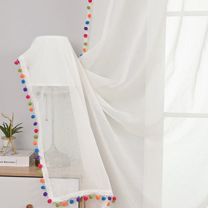 Rideaux transparents à pompons multicolores, 1 panneau, blanc, 132 x 164 cm/132 x 183 cm/132 x 214 cm/132 x 241 cm