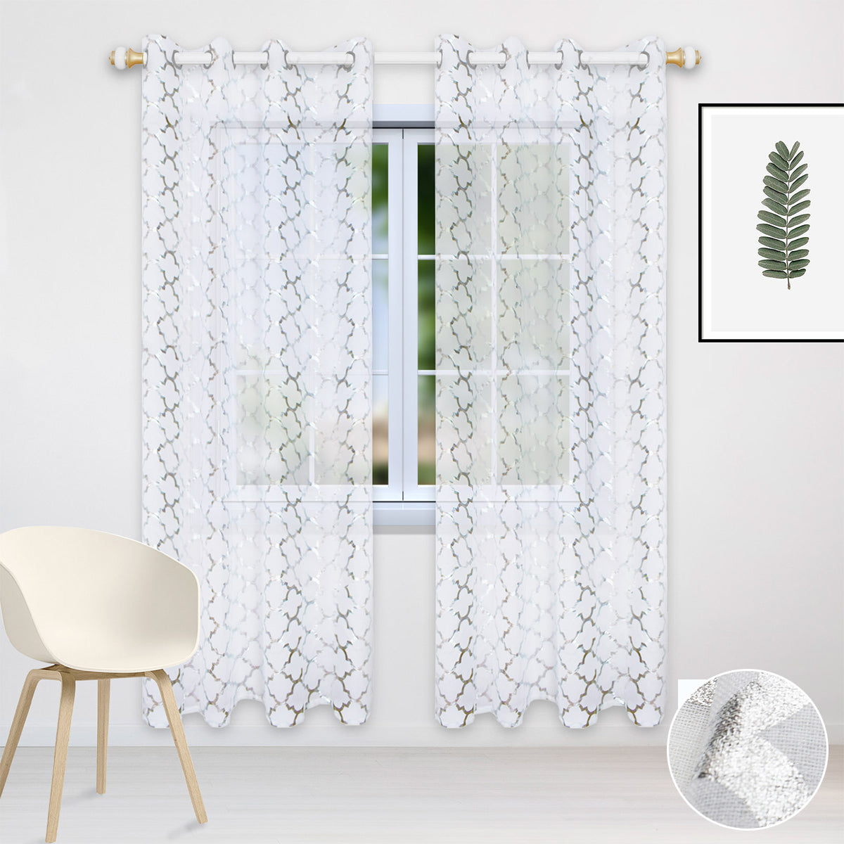 Rideaux transparents estampillés argent marocain, 1 panneau, blanc, 132x160cm/132x213cm/132x244cm