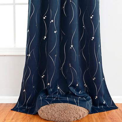 Silver Stamping Star Curtains, 1 Panel, Navy, 132*164cm/132*183cm/132*214cm