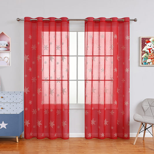 Christmas Embroidery Snowflake Sheer Curtains, 1 Panel, Red, 100*200cm/100*250cm/140*260cm