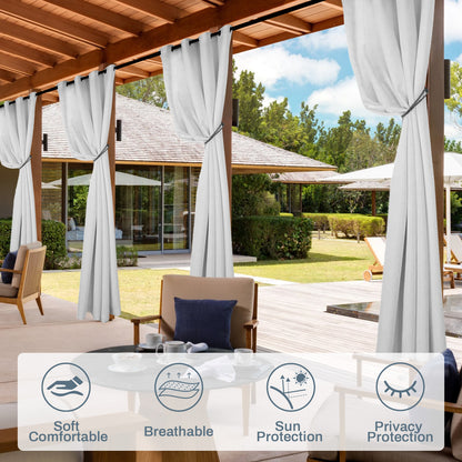 Semi-transparent, water-repellent outdoor curtain with eyelets for patio and balcony