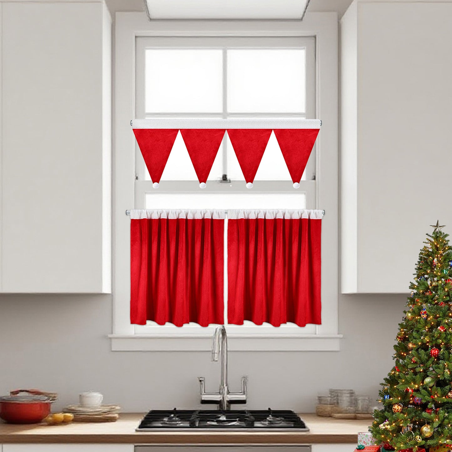 Weihnachtliches 3er-Set Kurzgardinen mit Pompoms – Rote Dekogardinen für Küche und Wohnzimmer