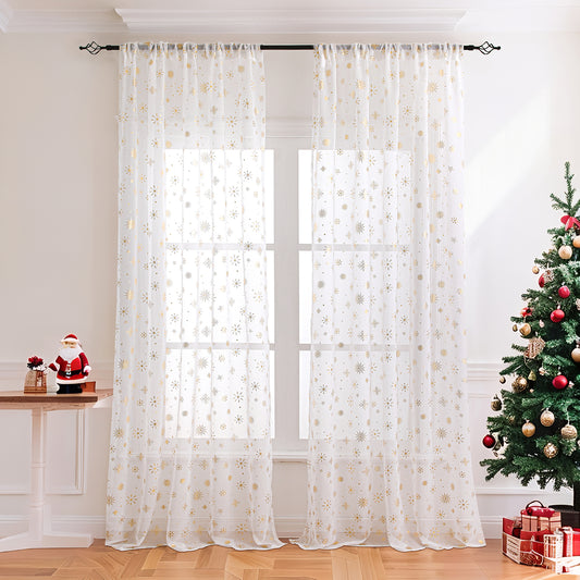 Weihnachtsvorhang Schneeflocken Goldfolie 2er Set Transparente Gardine