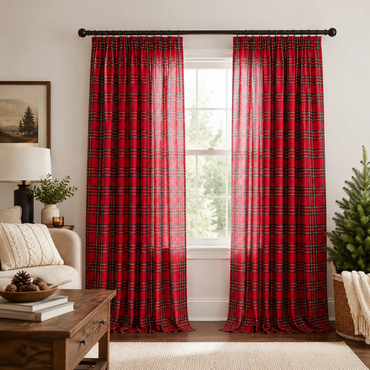 2 rideaux de Noël à carreaux tartan, semi-transparents et avec bande multifonctionnelle