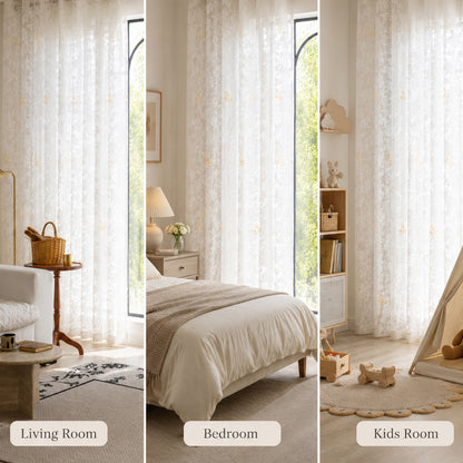 2 rideaux en voile jacquard à motif de feuilles et œillets