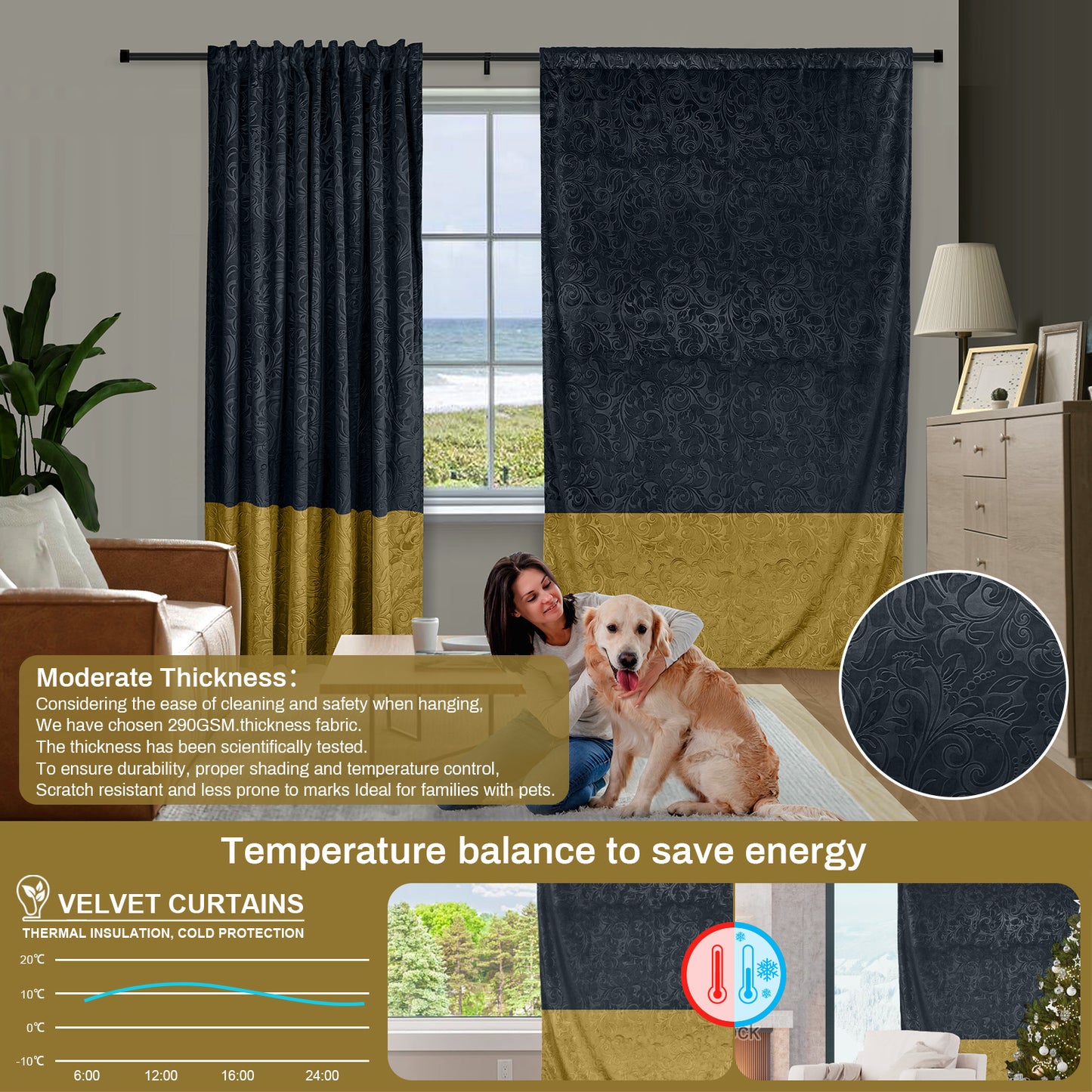 Rideaux en velours de luxe avec motif à blocs de couleurs · Noir et or