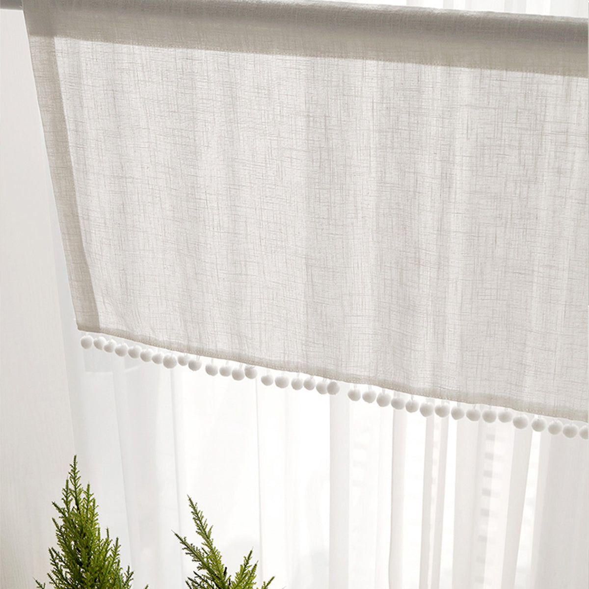1 Panel Pompom Rod Pocket Überschrift Fenster Kurzer Sheer Tier Vorhang