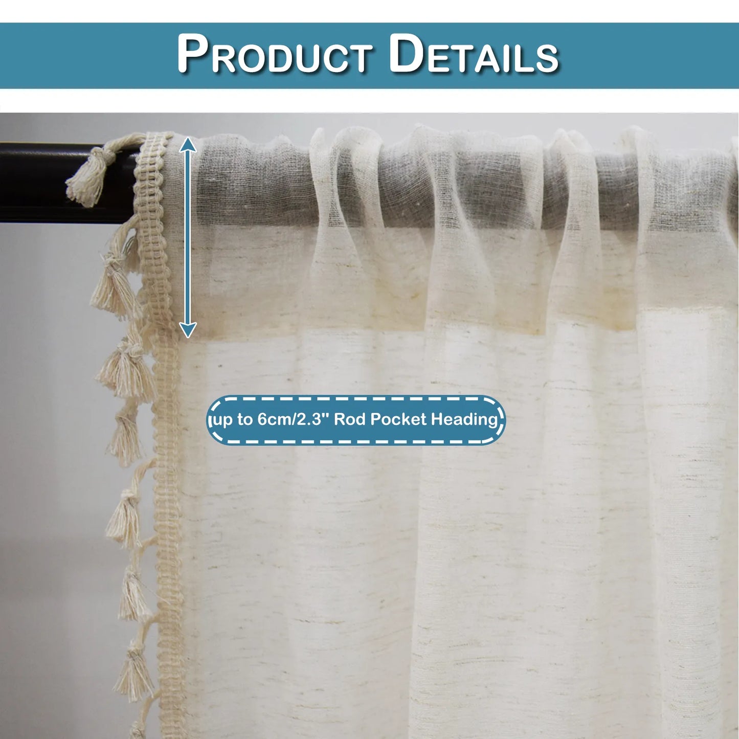 1 Panel Cream Tassels Window Tier Short Curtains