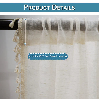 1 Panel Cream Tassels Window Tier Short Curtains