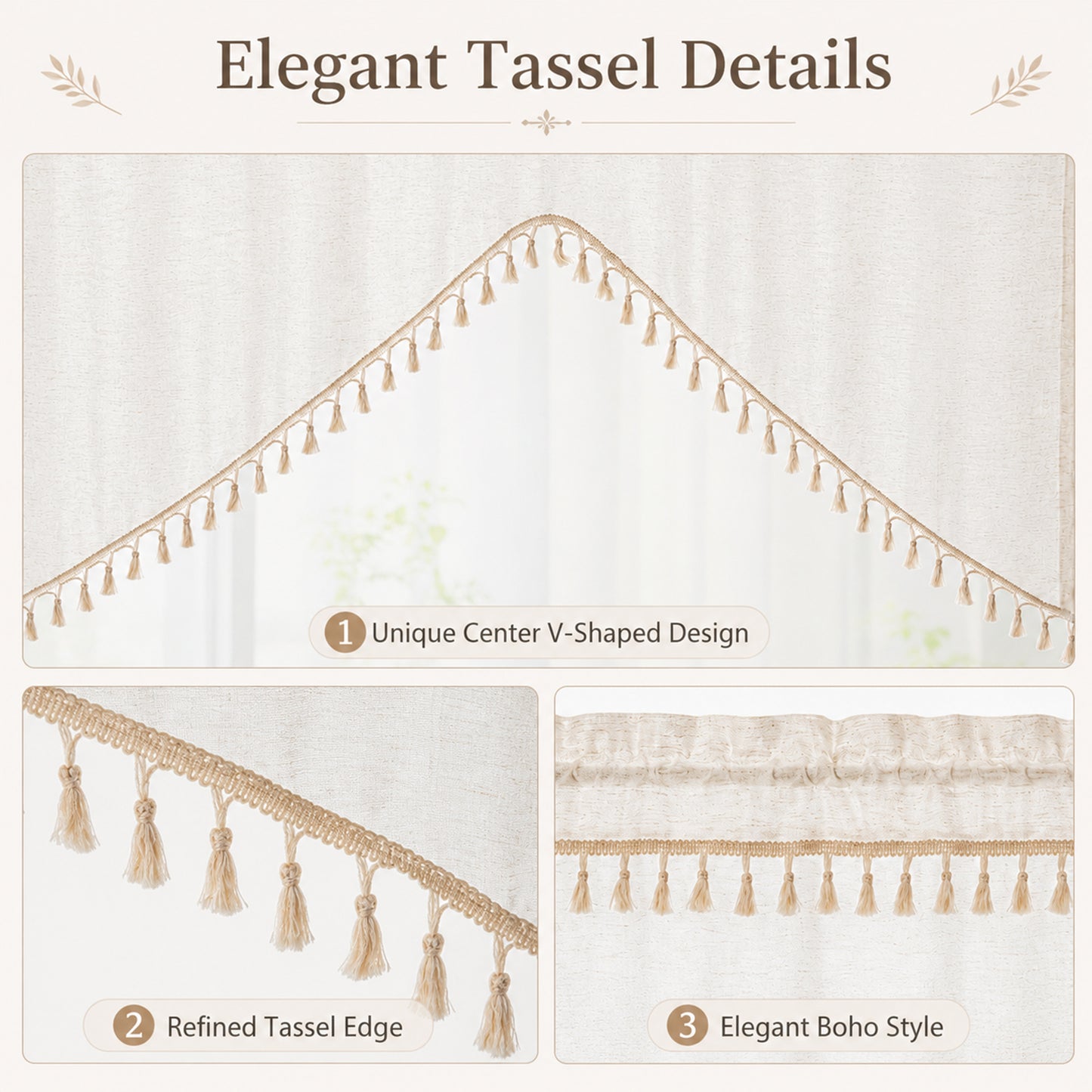 Arched cafe curtain in a linen blend with tassels in a country style