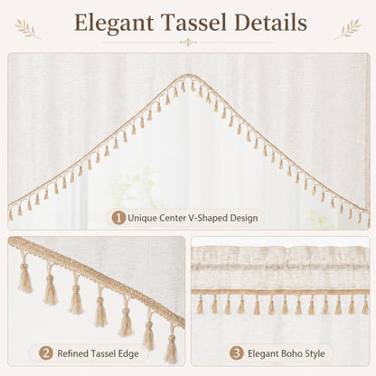 Arched cafe curtain in a linen blend with tassels in a country style