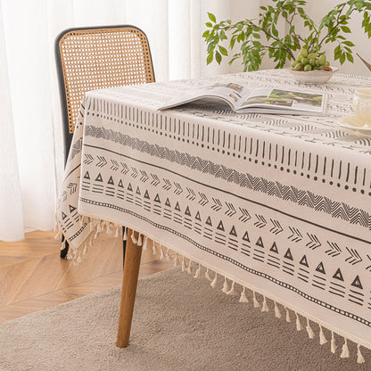 Boho tablecloth with tassels, waterproof, cotton linen, geometric pattern