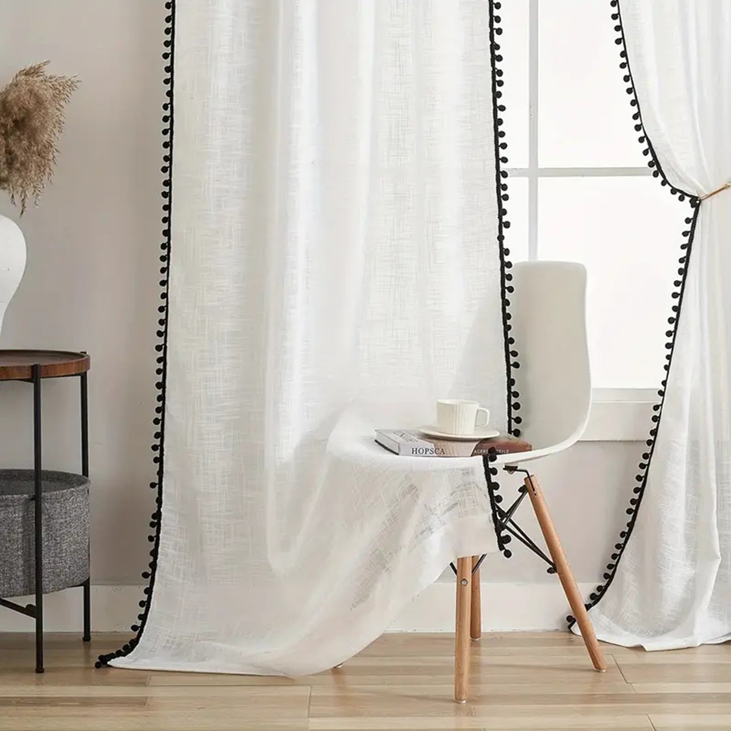 1 Panel Window Sheer Curtain Cute Ball Pompom Decor