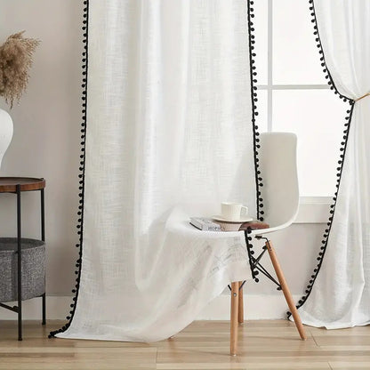 1 Panel Window Sheer Curtain Cute Ball Pompom Decor