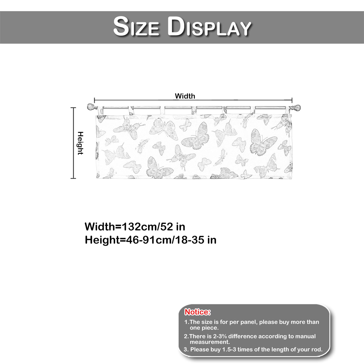 Butterfly Short Curtains, 1 Panel, White, 132*46cm/132*61cm/132*76cm/132*91cm