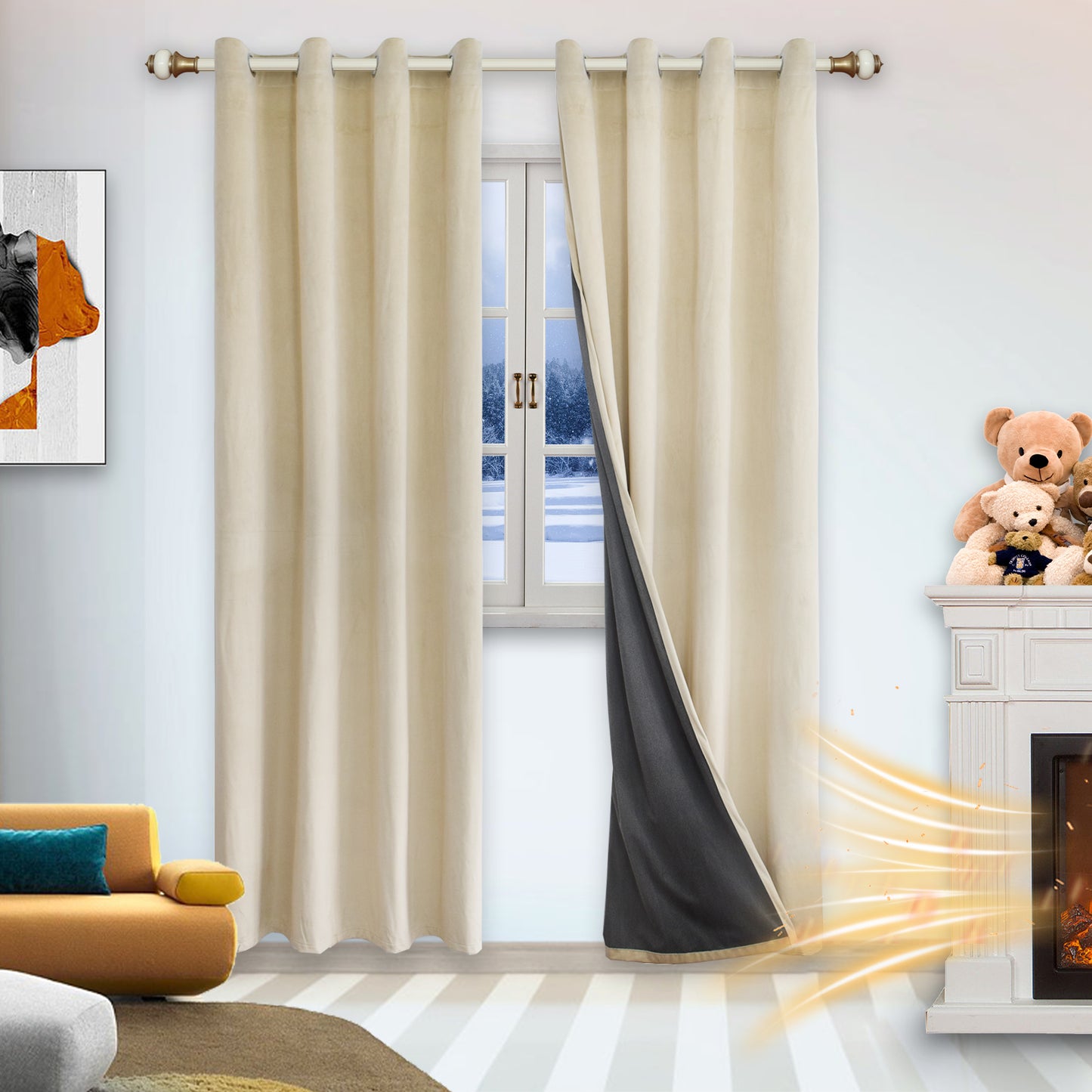 Rideau en velours épais, 1 panneau, beige, 132 x 137 cm/132 x 160 cm/132 x 213 cm