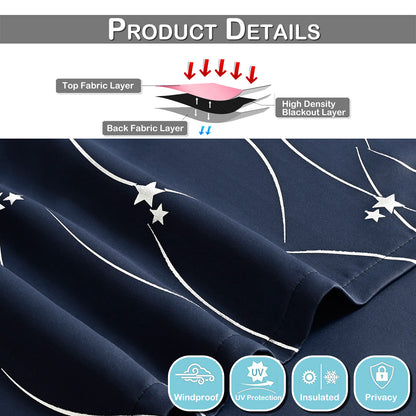 Silver Stamping Star Curtains, 1 Panel, Navy, 132*164cm/132*183cm/132*214cm