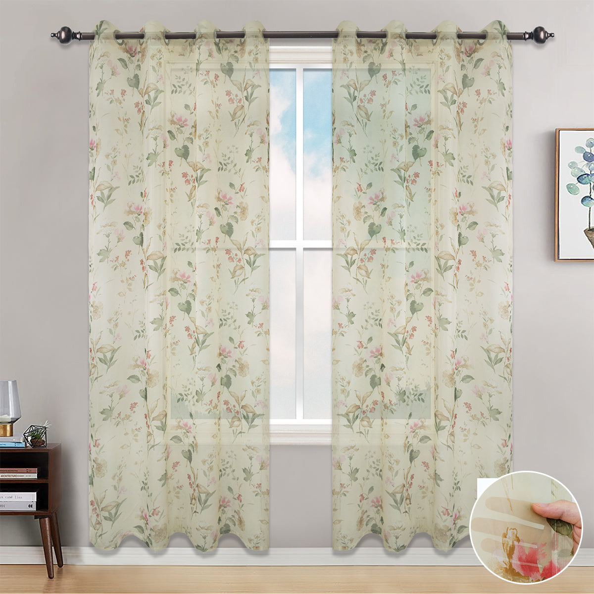 Floral Gauze Sheer Curtains, 1 Panel, Cream, 132x160cm/132x213cm/132x244cm