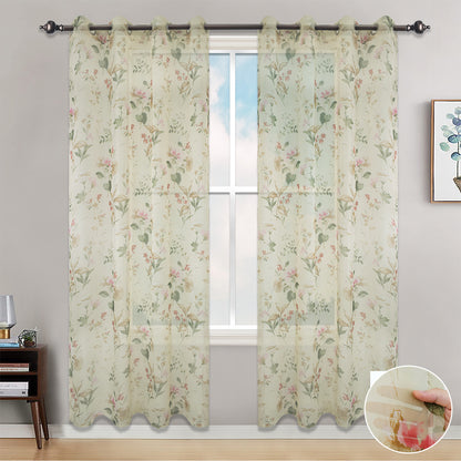 Floral Gauze Sheer Curtains, 1 Panel, Cream, 132x160cm/132x213cm/132x244cm