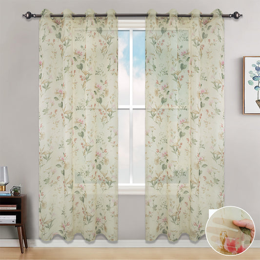 Floral Gauze Sheer Curtains, 1 Panel, Cream, 132x160cm/132x213cm/132x244cm