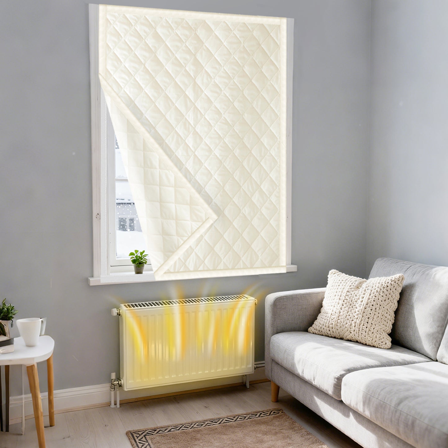 Quilted Winter Insulated Window Curtain with Magic Tape – Thermal Draft Blocking Panel