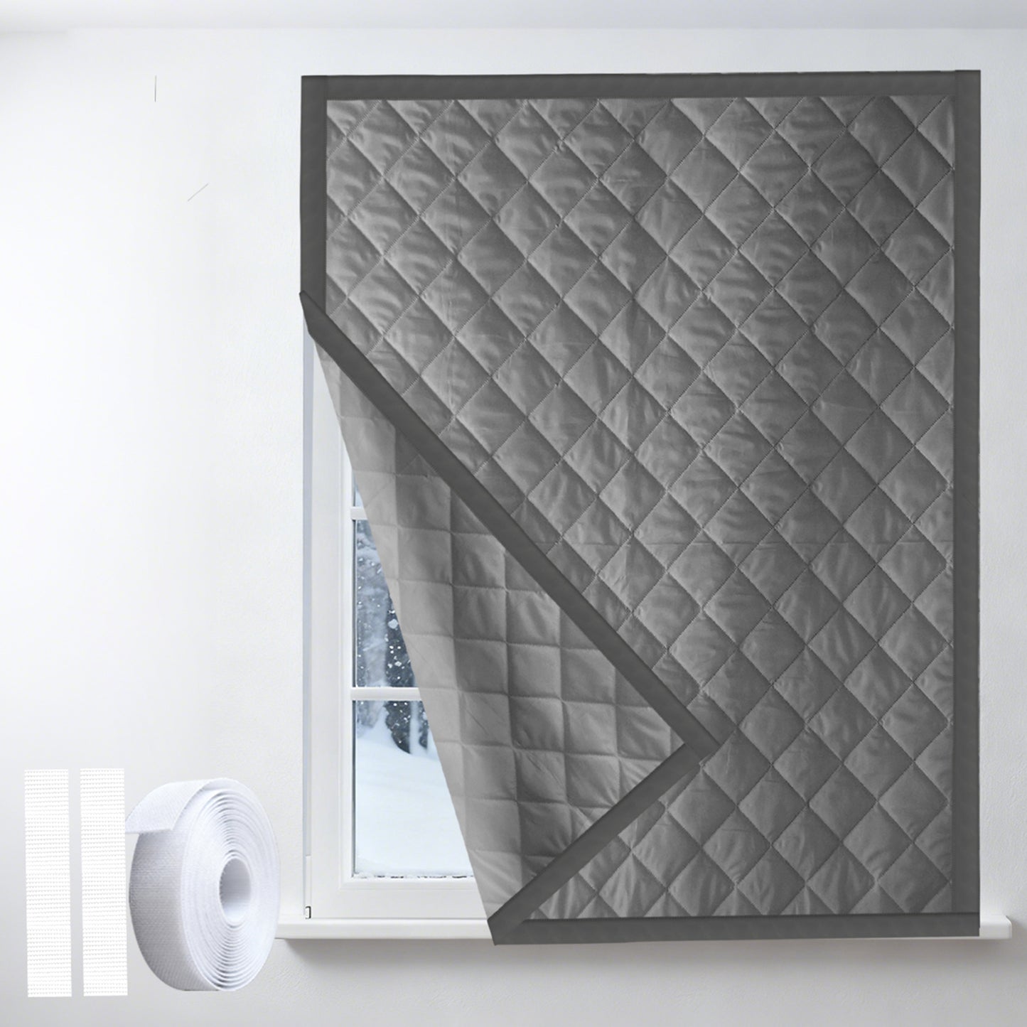 Quilted Winter Insulated Window Curtain with Magic Tape – Thermal Draft Blocking Panel