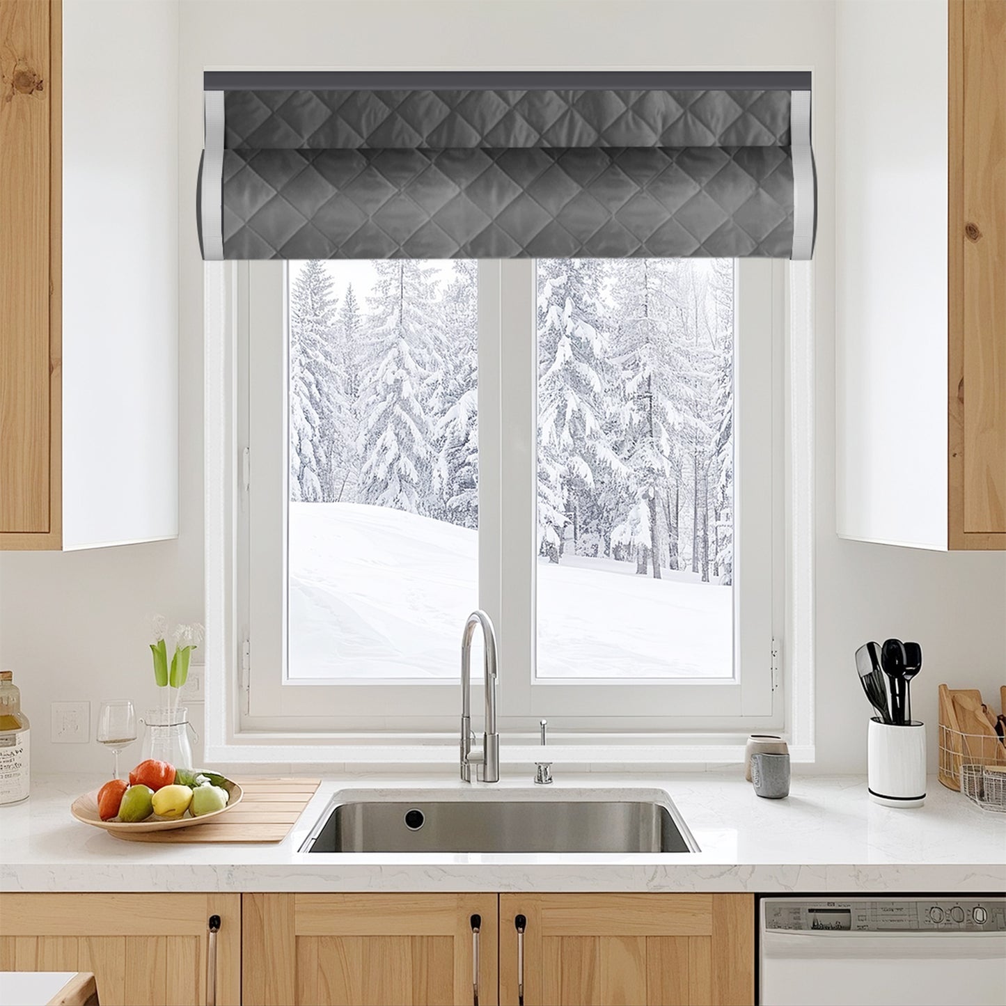 Quilted Winter Insulated Window Curtain with Magic Tape – Thermal Draft Blocking Panel