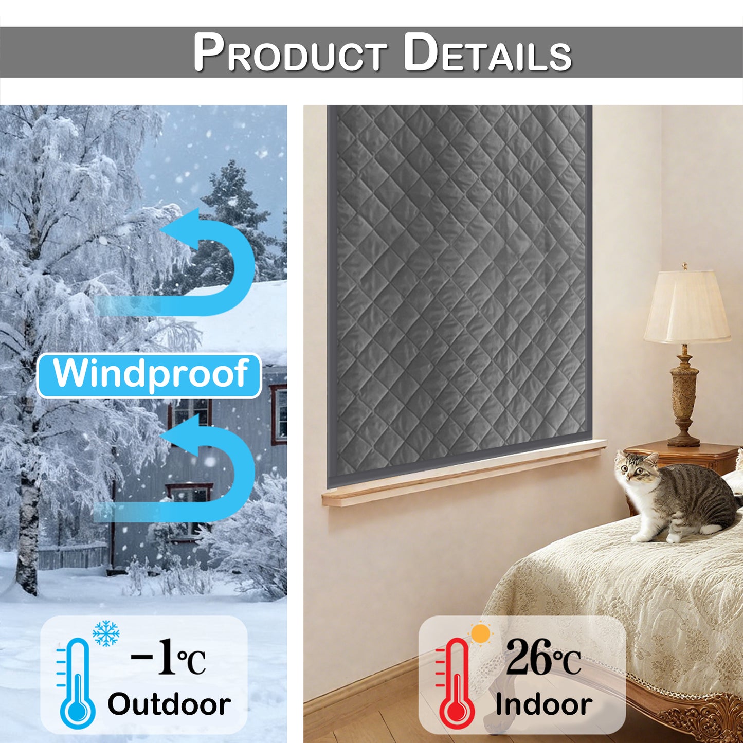 Quilted Winter Insulated Window Curtain with Magic Tape – Thermal Draft Blocking Panel