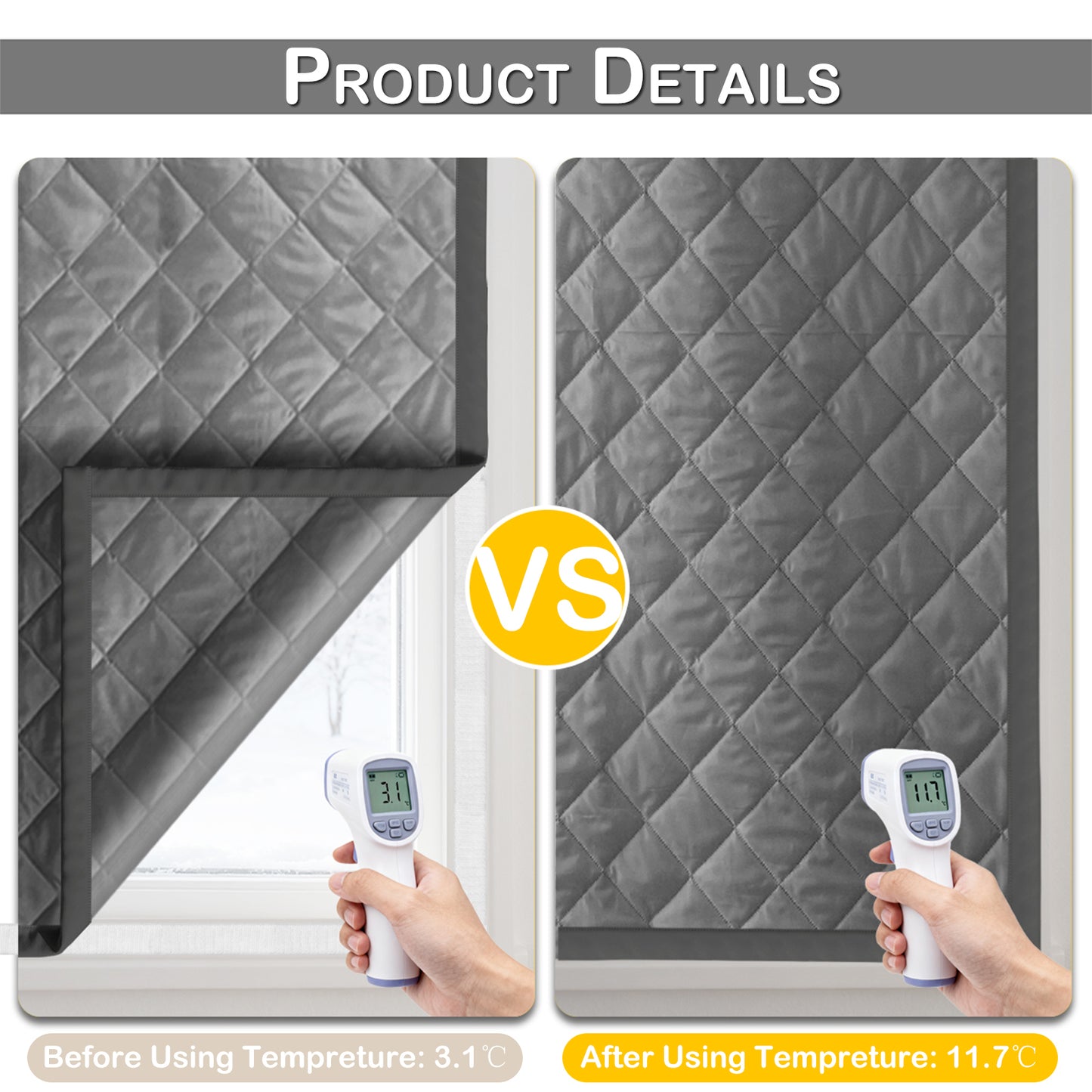 Quilted Winter Insulated Window Curtain with Magic Tape – Thermal Draft Blocking Panel