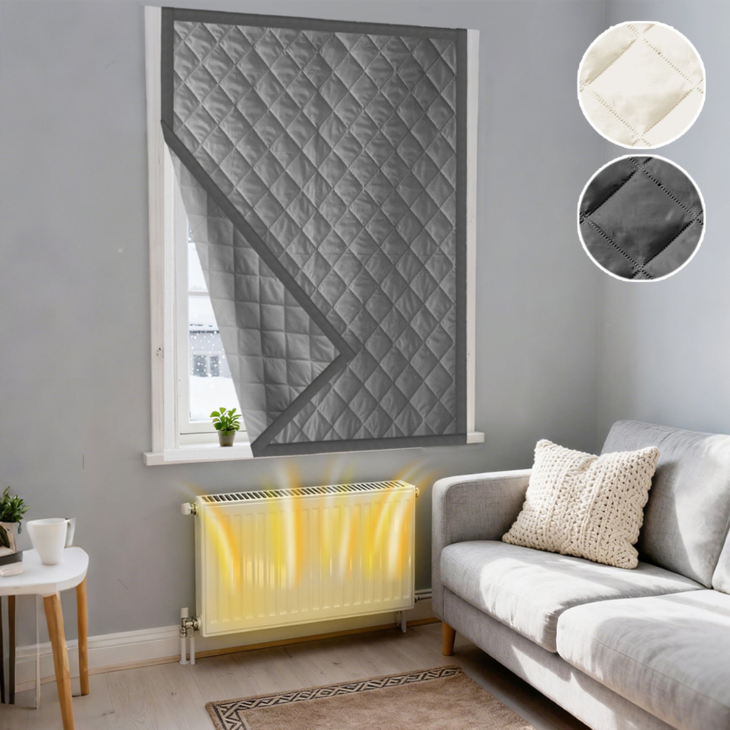 Quilted Winter Insulated Window Curtain with Magic Tape – Thermal Draft Blocking Panel