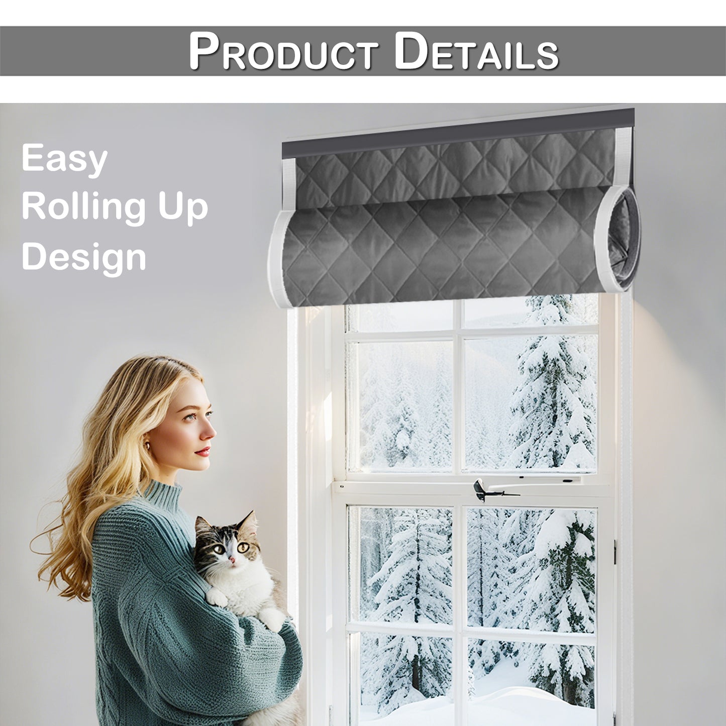 Quilted Winter Insulated Window Curtain with Magic Tape – Thermal Draft Blocking Panel