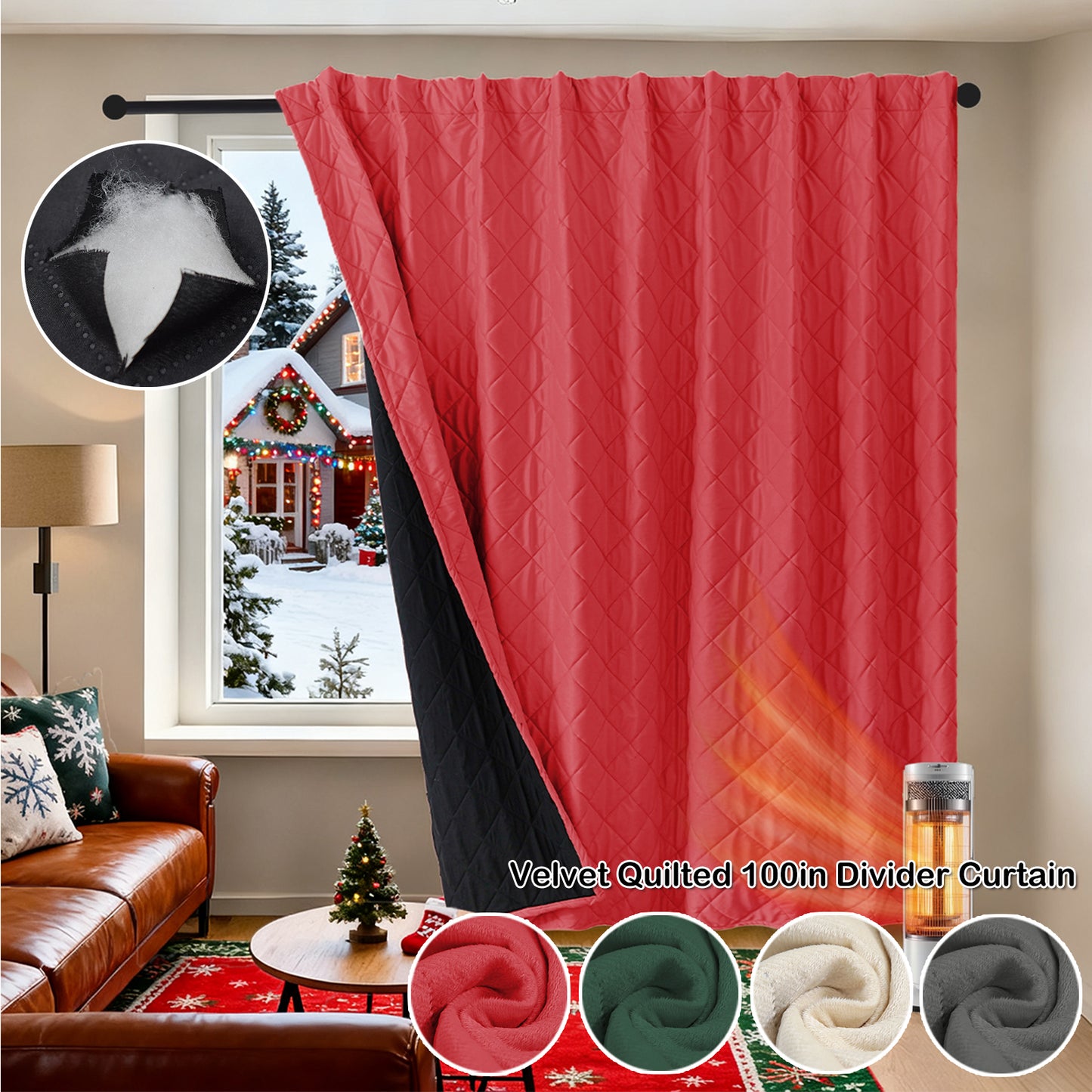 Extra Breiter Samt-Steppvorhang – Wärmende Trenn- oder Weihnachtsgardine aus 3-Schicht-Material