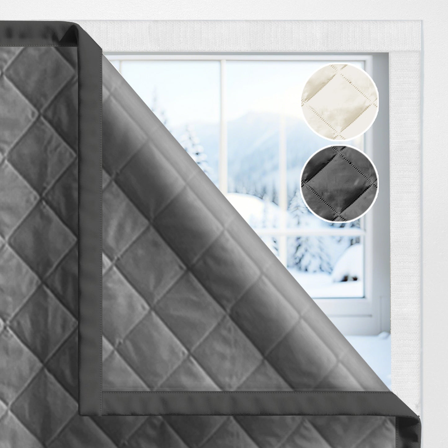 Quilted Winter Insulated Window Curtain with Magic Tape – Thermal Draft Blocking Panel
