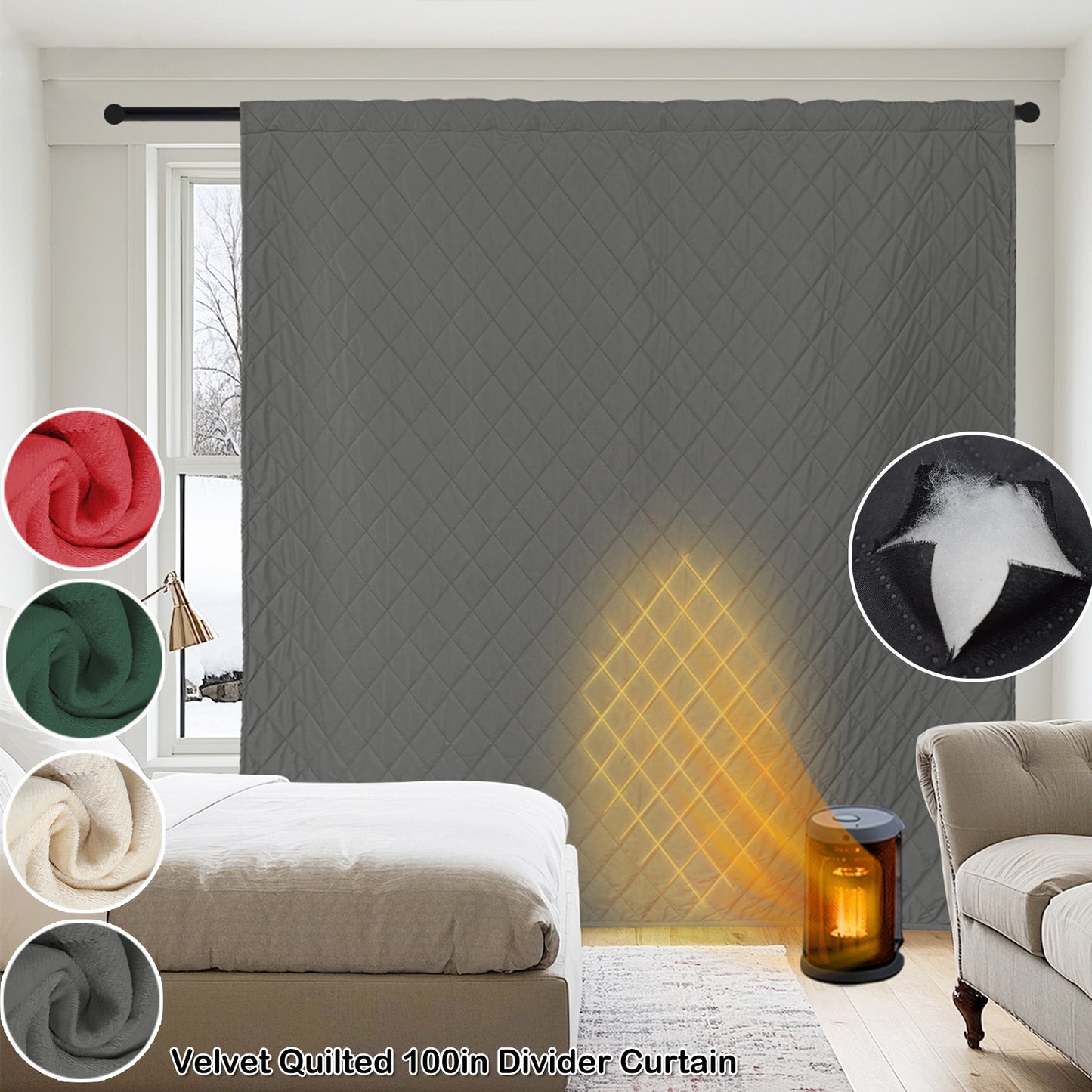 Extra Breiter Samt-Steppvorhang – Wärmende Trenn- oder Weihnachtsgardine aus 3-Schicht-Material