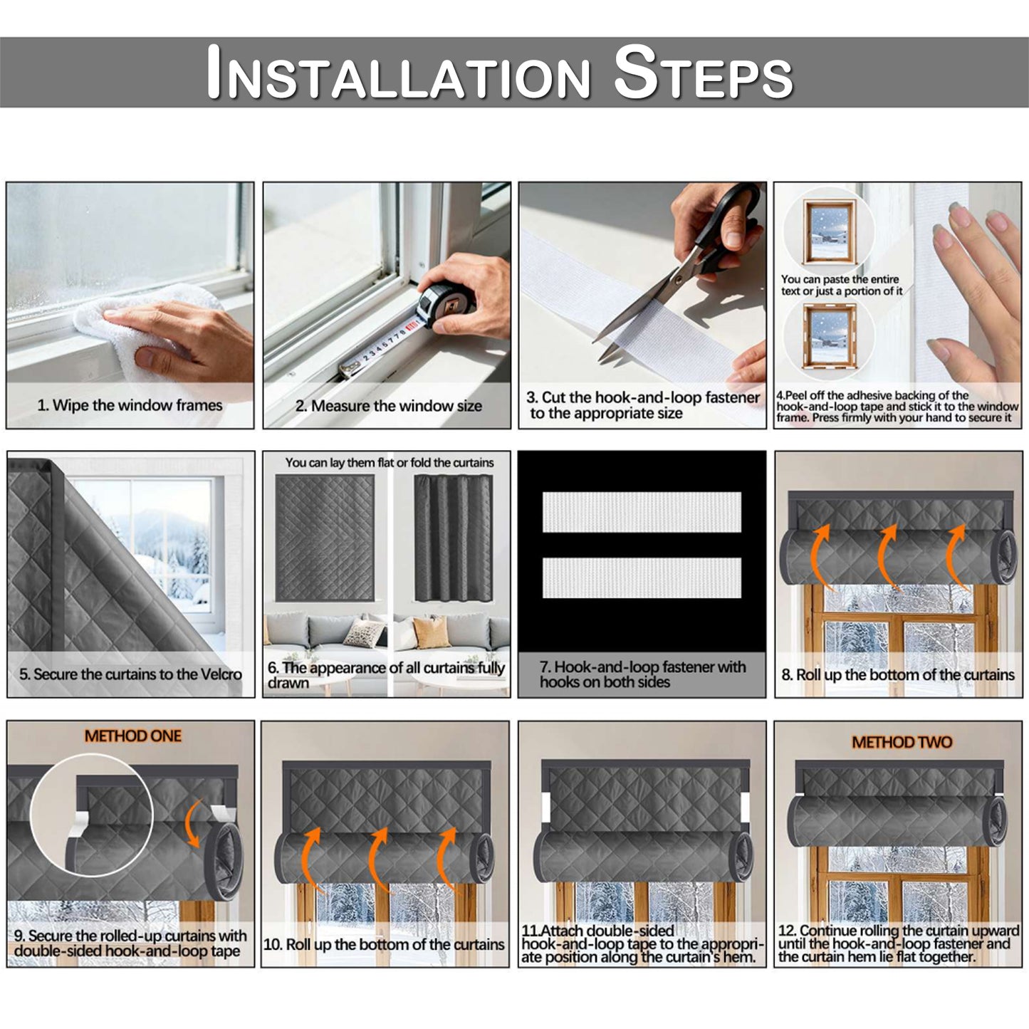 Quilted Winter Insulated Window Curtain with Magic Tape – Thermal Draft Blocking Panel