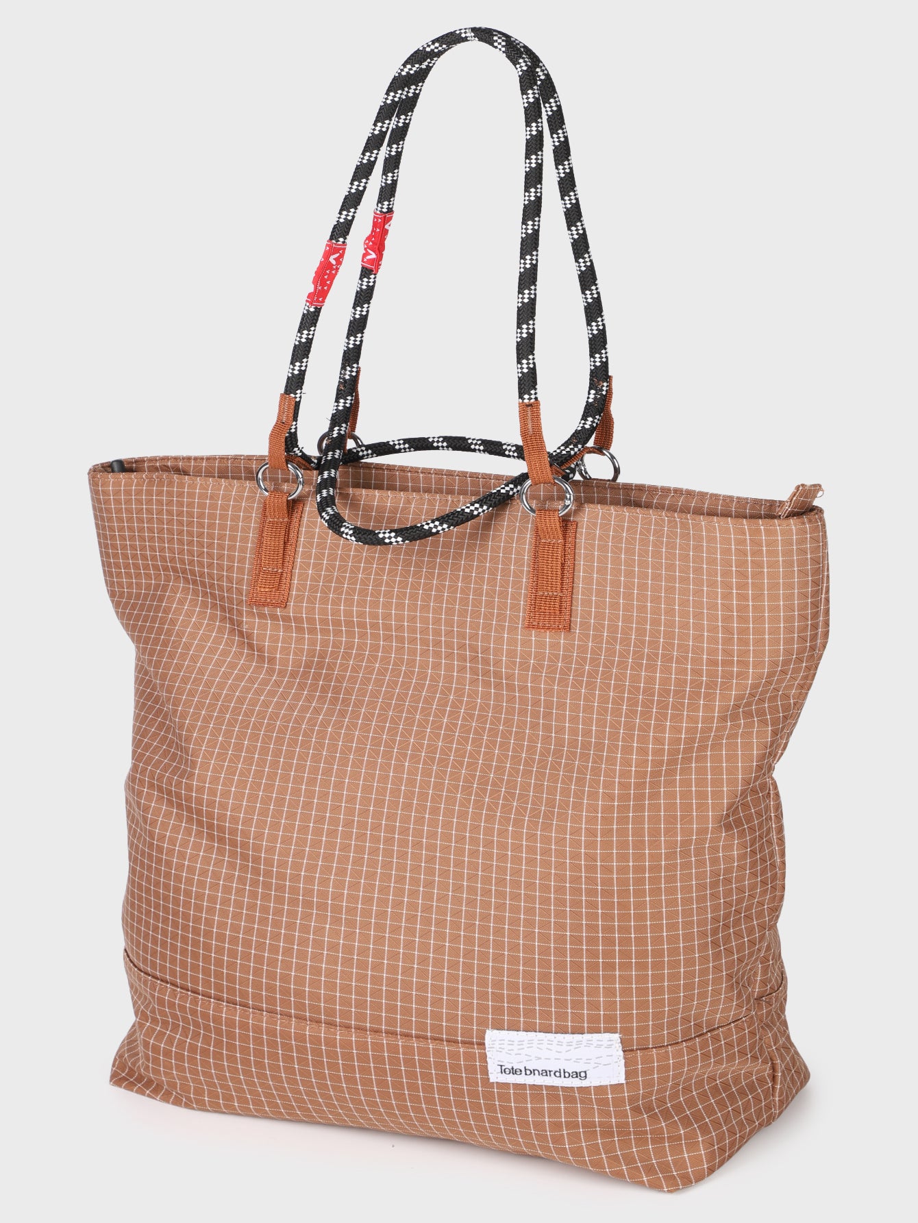 BTTO Vintage Grid Tote Bag – Brown Check Pattern Shoulder Bag with Braided Handle