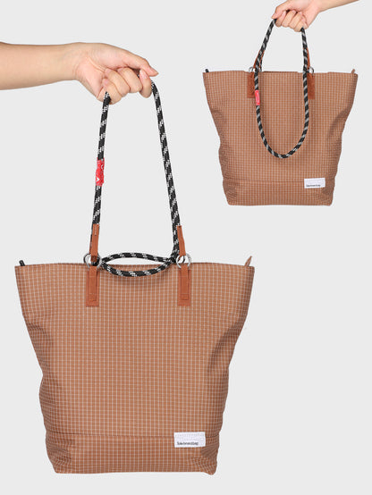 BTTO Vintage Grid Tote Bag – Brown Check Pattern Shoulder Bag with Braided Handle