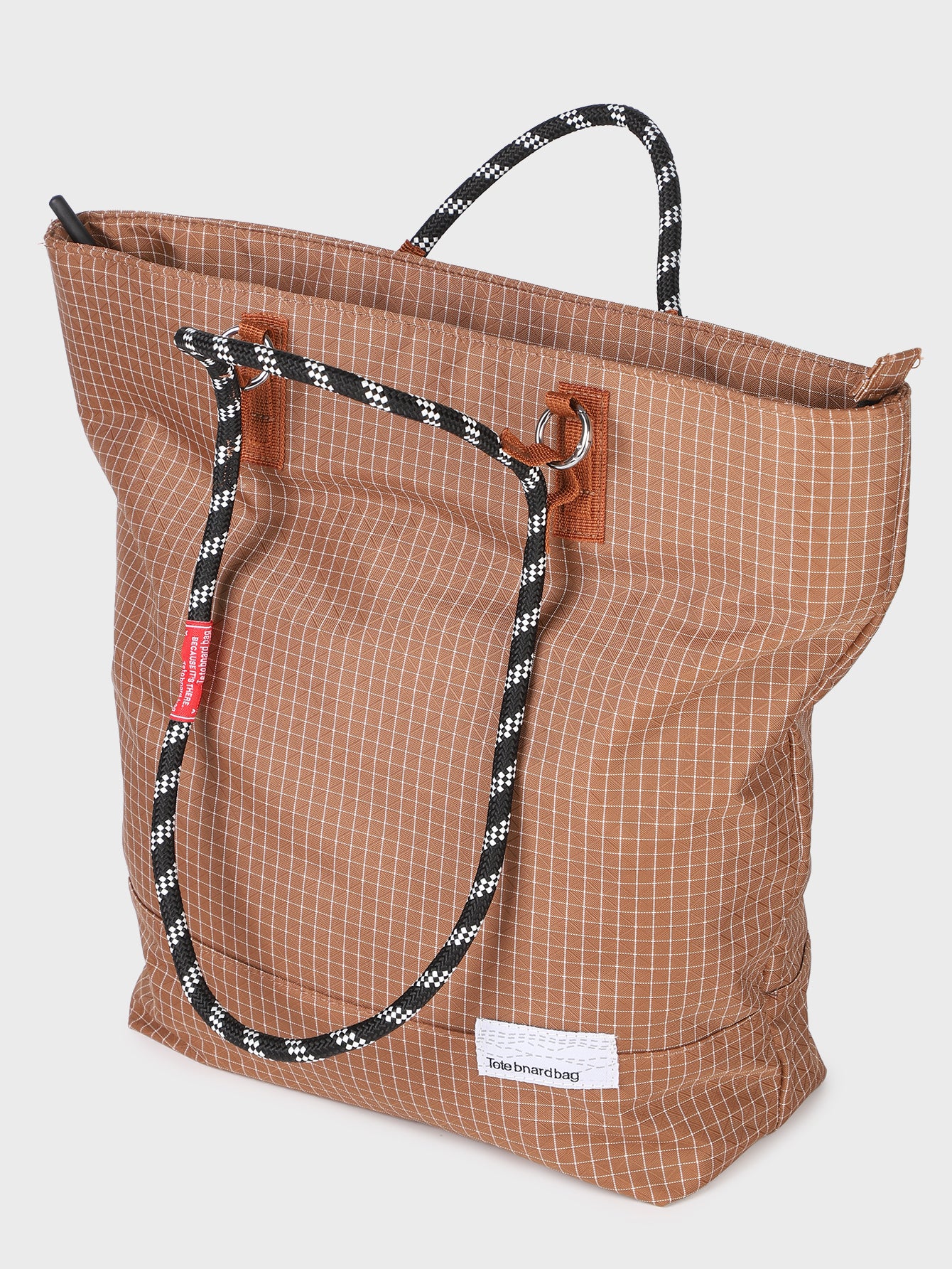 BTTO Vintage Grid Tote Bag – Brown Check Pattern Shoulder Bag with Braided Handle