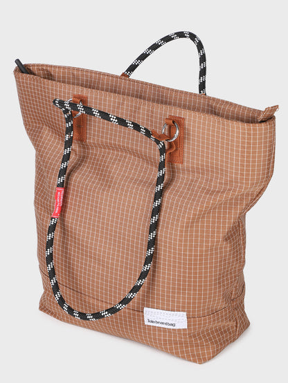 BTTO Vintage Grid Tote Bag – Brown Check Pattern Shoulder Bag with Braided Handle