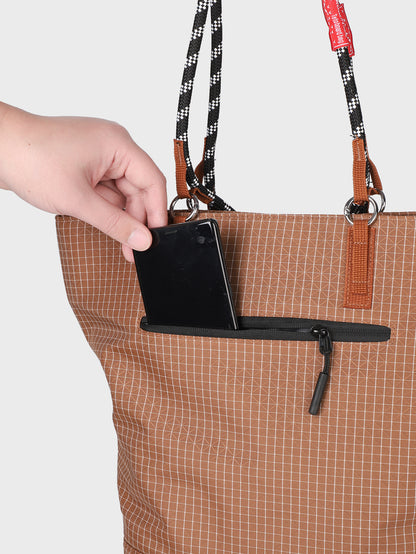 BTTO Vintage Grid Tote Bag – Brown Check Pattern Shoulder Bag with Braided Handle