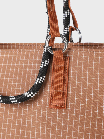 BTTO Vintage Grid Tote Bag – Brown Check Pattern Shoulder Bag with Braided Handle