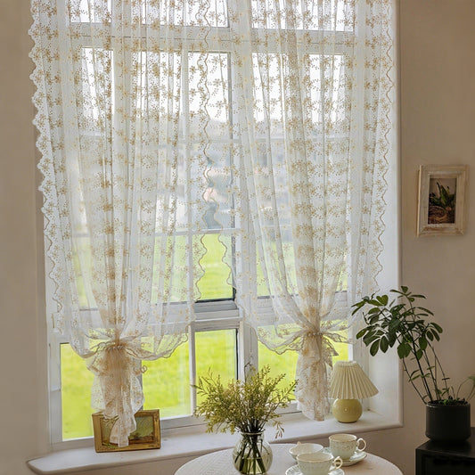 Bestickte weiße Gardinen · 2er Set · Florales Design · Halbtransparent