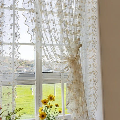 Bestickte weiße Gardinen · 2er Set · Florales Design · Halbtransparent