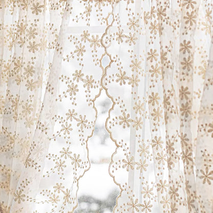 Bestickte weiße Gardinen · 2er Set · Florales Design · Halbtransparent