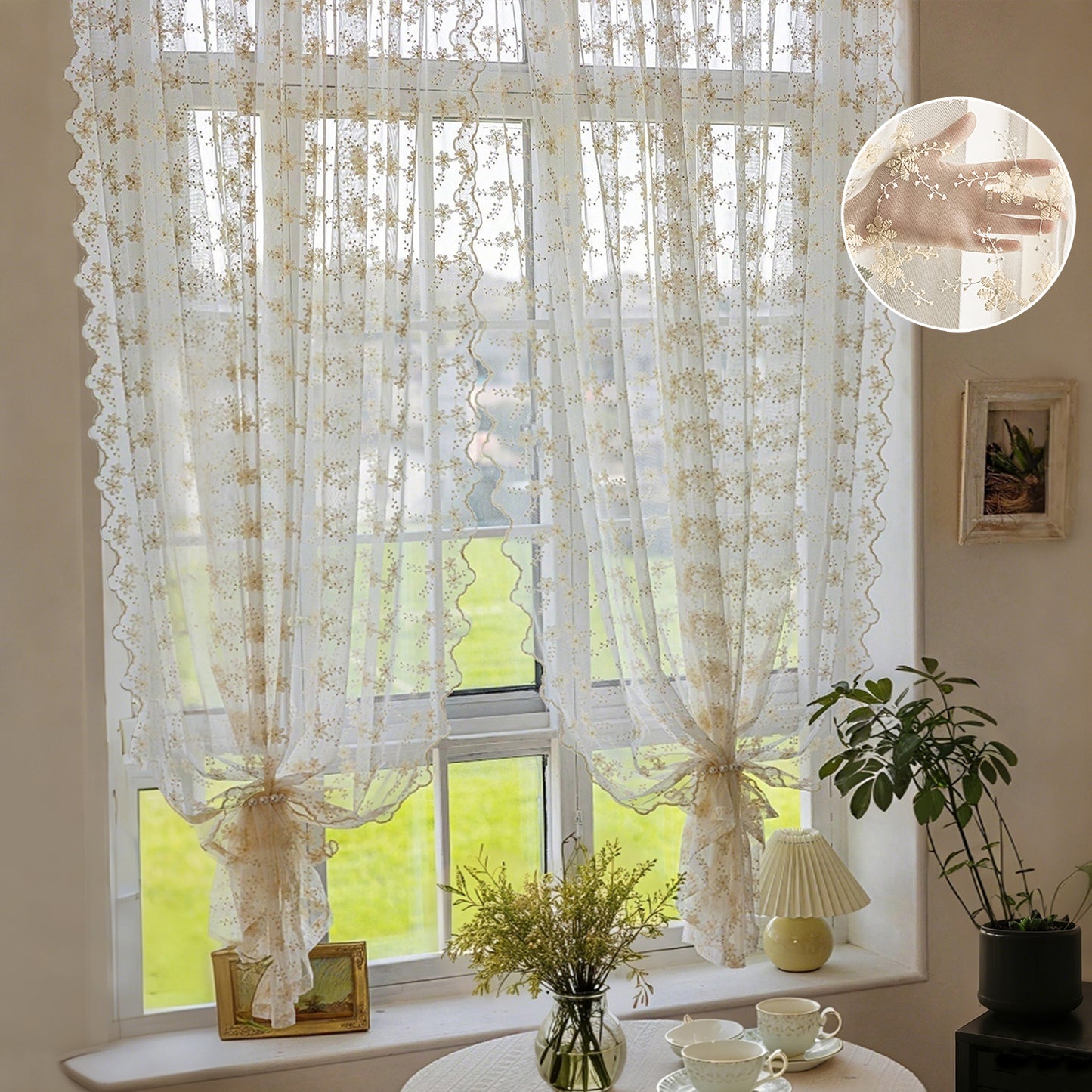 Bestickte weiße Gardinen · 2er Set · Florales Design · Halbtransparent